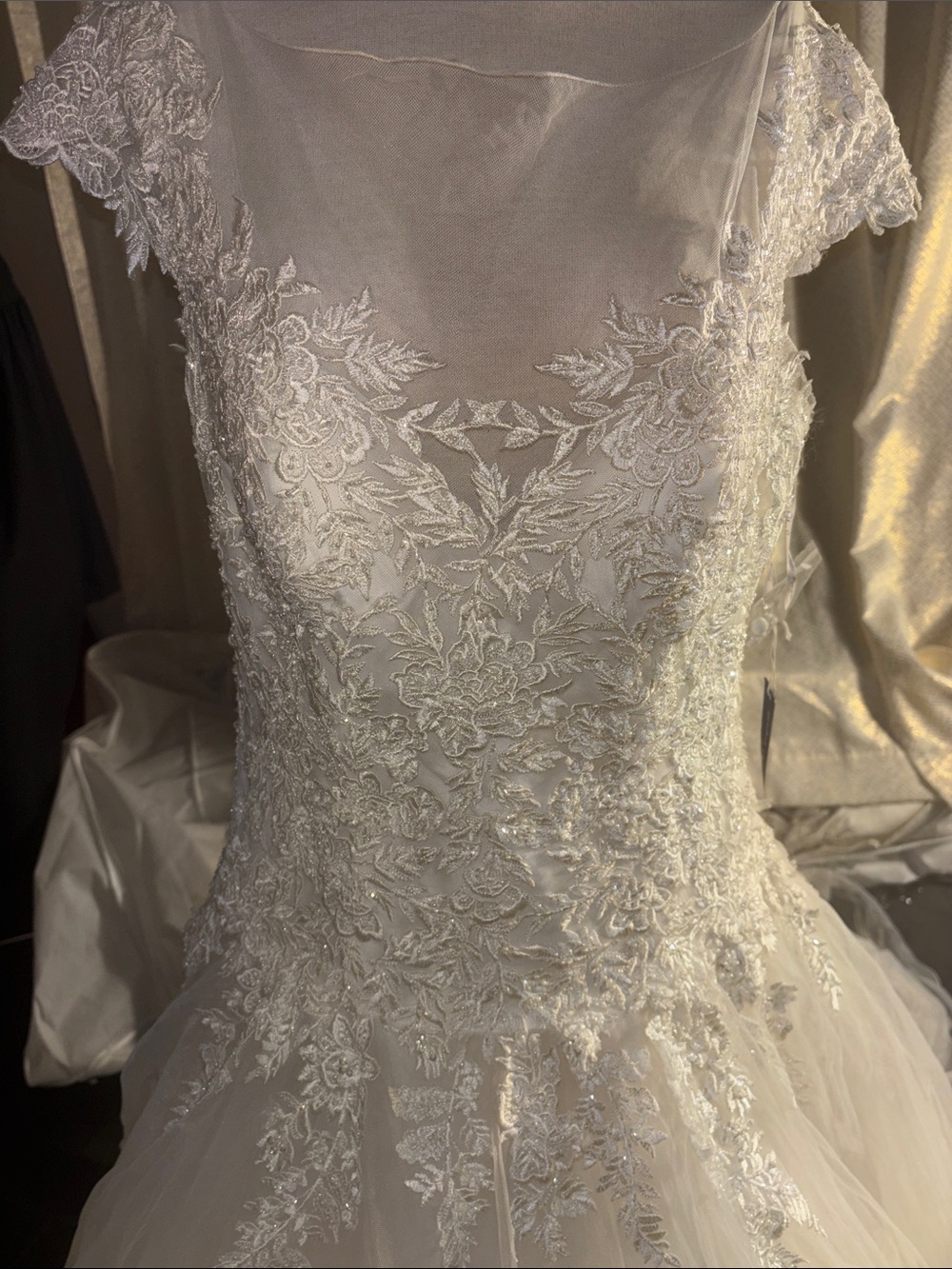 David's Bridal Ivory Lace Appliqué Tulle Gown